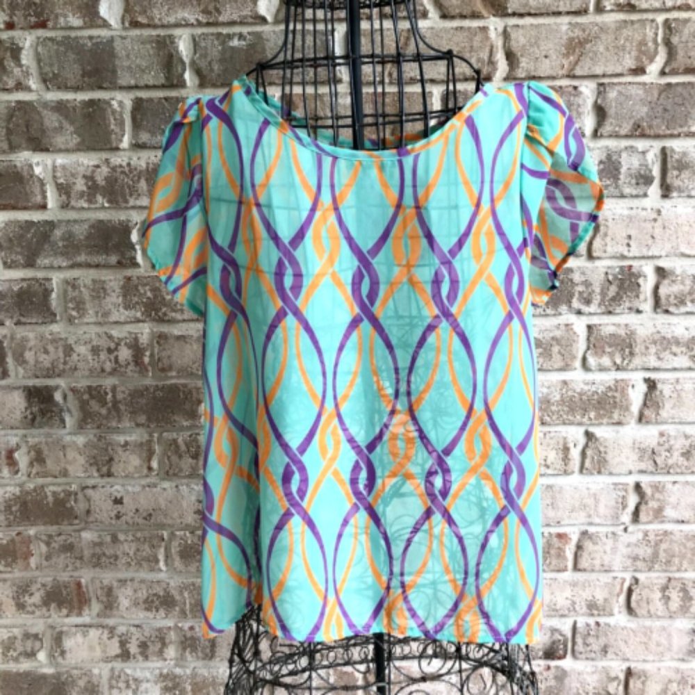 Fab'rik Blouse Small? Sheer Swing Back Flowy Abstract Artsy Festive Retr…